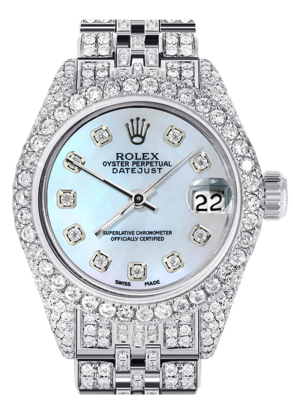Full Diamond Bust Down Rolex Datejust Watch for Women | 1 Carat Bezel | 26MM | Blue Mother of Pearl Diamond Dial | Jubilee Band