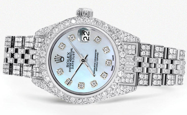 Full Diamond Bust Down Rolex Datejust Watch for Women | 1 Carat Bezel | 26MM | Blue Mother of Pearl Diamond Dial | Jubilee Band
