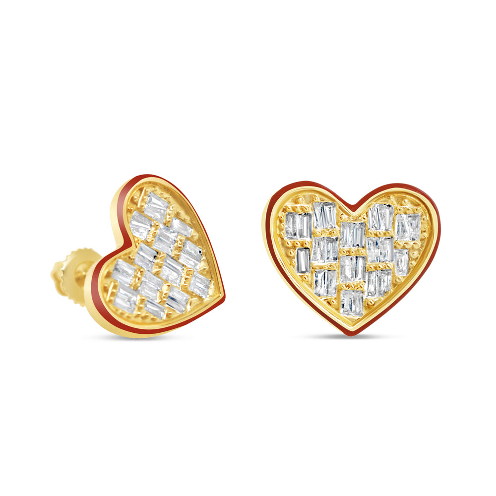 Gold Baguette Diamond Heart with Red Enamel Earrings | Yellow Gold 14K | 0.50CT | 13MM