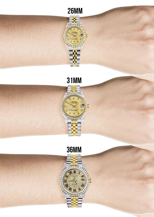 Full Diamond Bust Down Rolex Datejust Watch for Women | 1 Carat Bezel | 26MM | Texture Diamond Dial | Jubilee Band