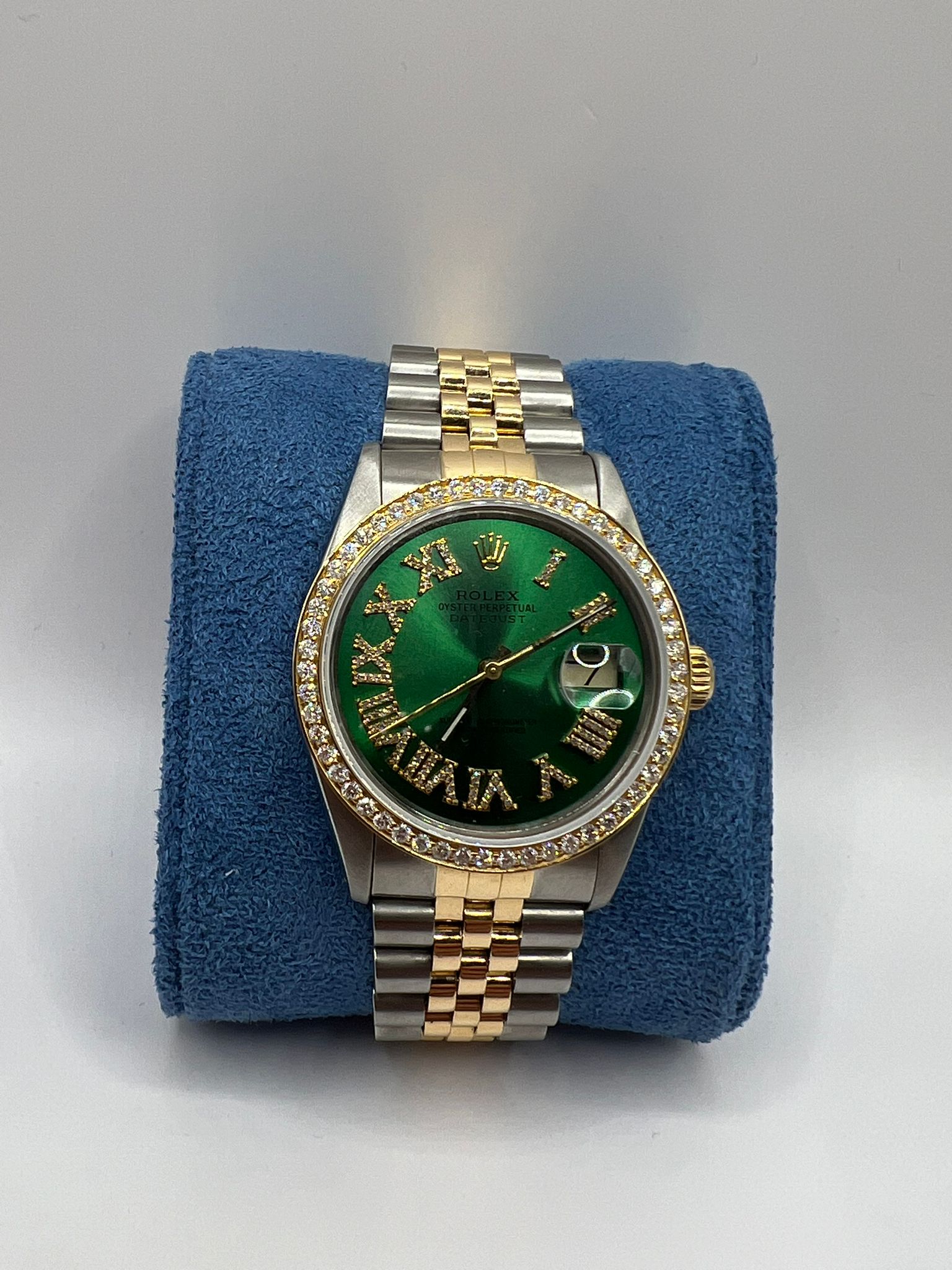 Rolex DayJust 16013 Two Tone Dark Green Dial Diamond Roman Bezel Yello