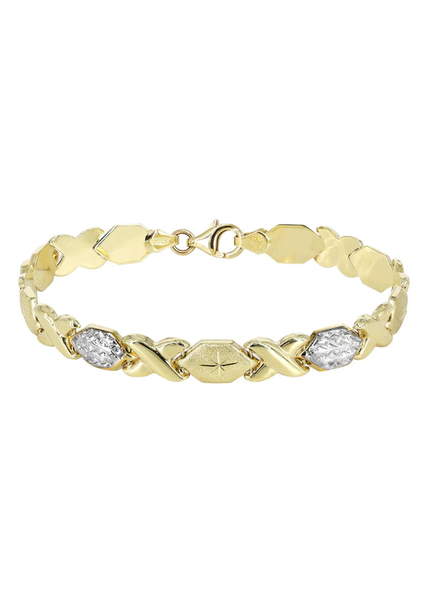 YELLOW GOLD "XO" DIAMOND CUT TWO TONE BRACELET FOR WOMEN 10K/14K