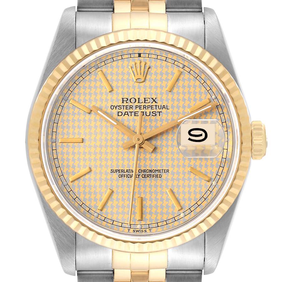 Rolex Datejust Houndstooth Dial Steel Yellow Gold Mens Watch 16233 Box and Papers