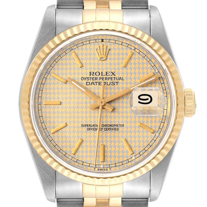 Rolex Datejust Houndstooth Dial Steel Yellow Gold Mens Watch 16233 Box and Papers