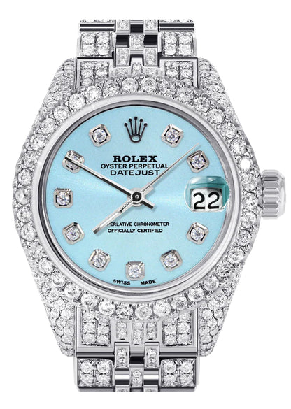 Full Diamond Bust Down Rolex Datejust Watch for Women | 1 Carat Bezel | 26MM | Light Blue Diamond Dial | Jubilee Band
