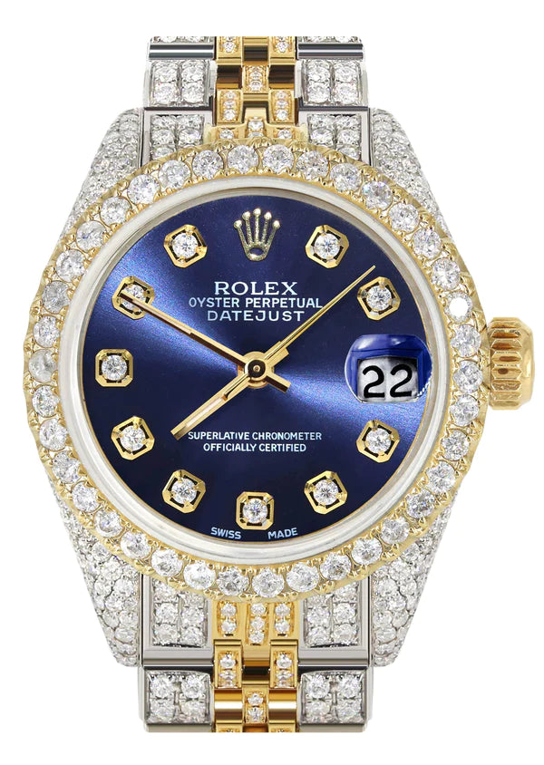 Full Diamond Bust Down Rolex Datejust Watch for Women  | 1 Carat Bezel | 26MM | Blue Diamond Dial | Jubilee Band