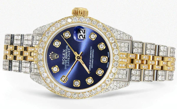 Full Diamond Bust Down Rolex Datejust Watch for Women  | 1 Carat Bezel | 26MM | Blue Diamond Dial | Jubilee Band