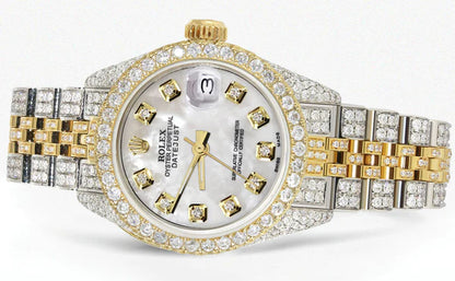 Full Diamond Bust Down Rolex Datejust Gold Watch for Women | 1 Carat Bezel | 26MM | Mother of Pearl Dial | Jubilee Band