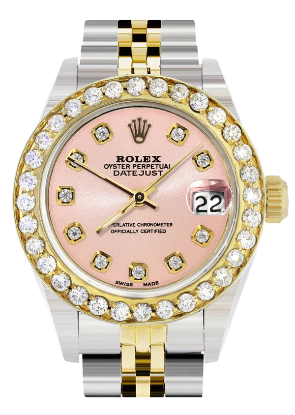 Diamond Rolex Datejust Watch for Women  | 1 Carat Bezel | 26MM | Salmon Pink Diamond Dial | Jubilee Band
