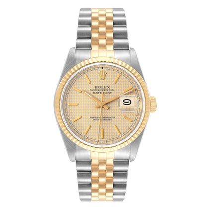 Rolex Datejust Houndstooth Dial Steel Yellow Gold Mens Watch 16233 Box and Papers