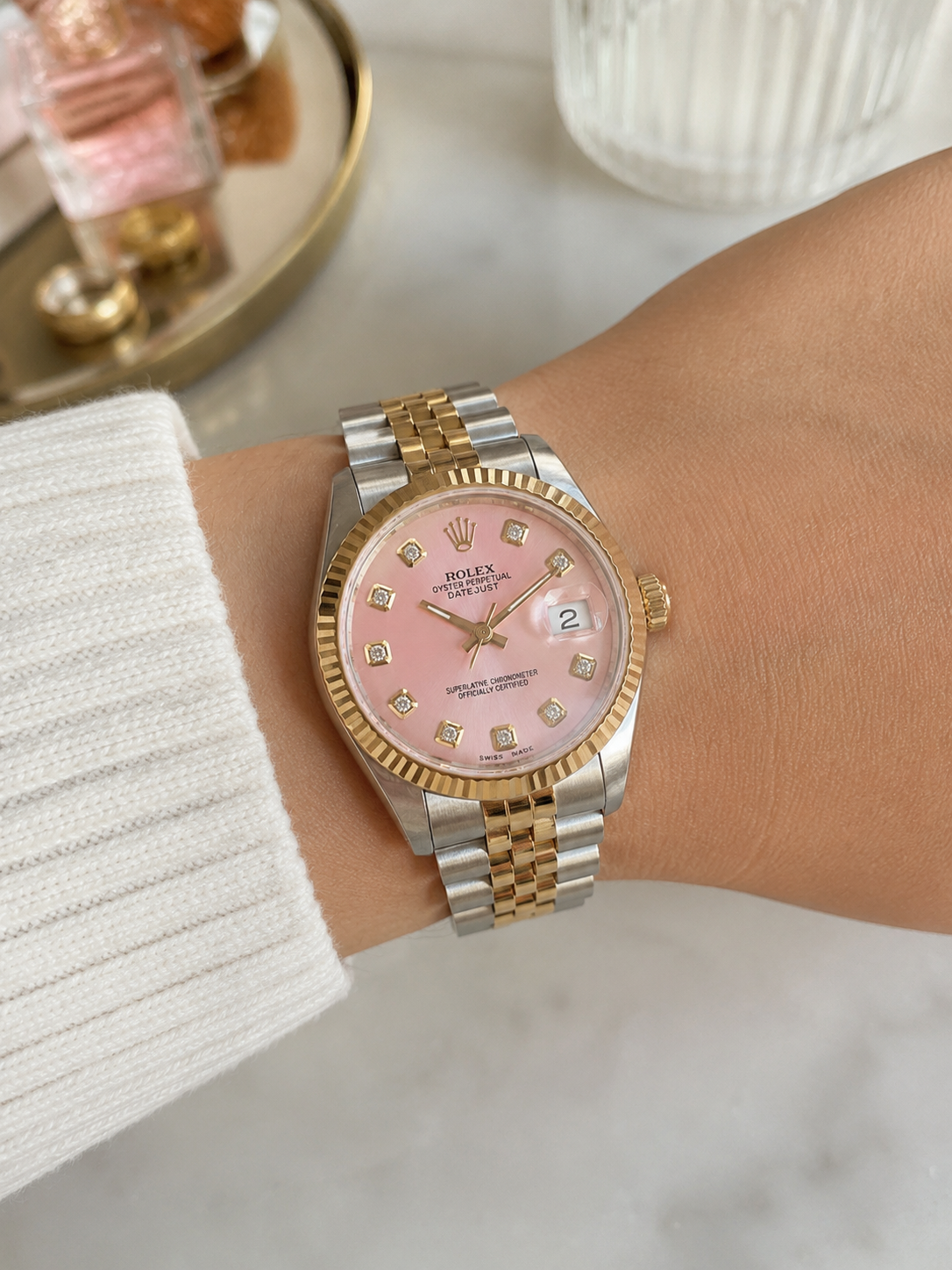 Special Rolex Datejust Watch | 36MM | Pink Dial Diamond | Jubilee Band Two Tone Diamond Bangle Diamond Earrings
