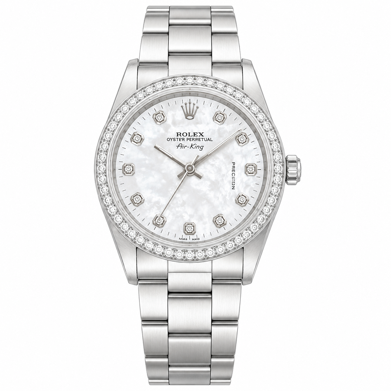 Rolex Air-King Watch  | 34MM | Mop Diamond Dial|  Diamond Bezel | Oyster Band