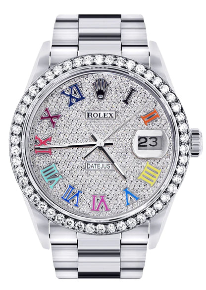 Diamond Rolex Datejust Watch 16200 | 36MM | Full Diamond Color Roman Dial | Stainless Steel | Oyster Band