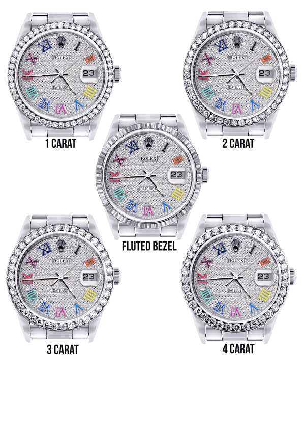 Diamond Rolex Datejust Watch 16200 | 36MM | Full Diamond Color Roman Dial | Stainless Steel | Oyster Band