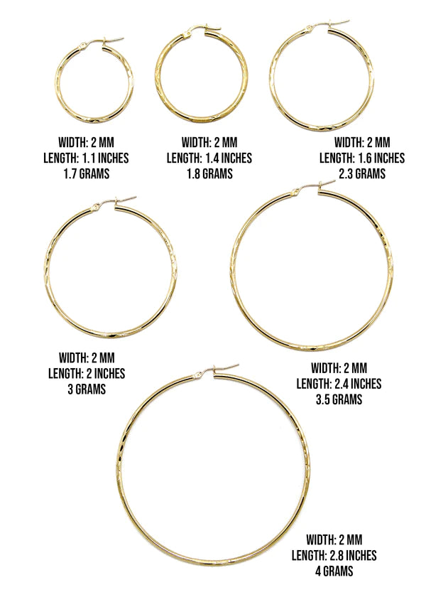 10K Womens Gold Hoop Earrings | Customizable Size | 2MM