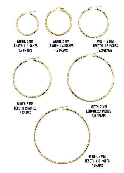 10K Womens Gold Hoop Earrings | Customizable Size | 2MM