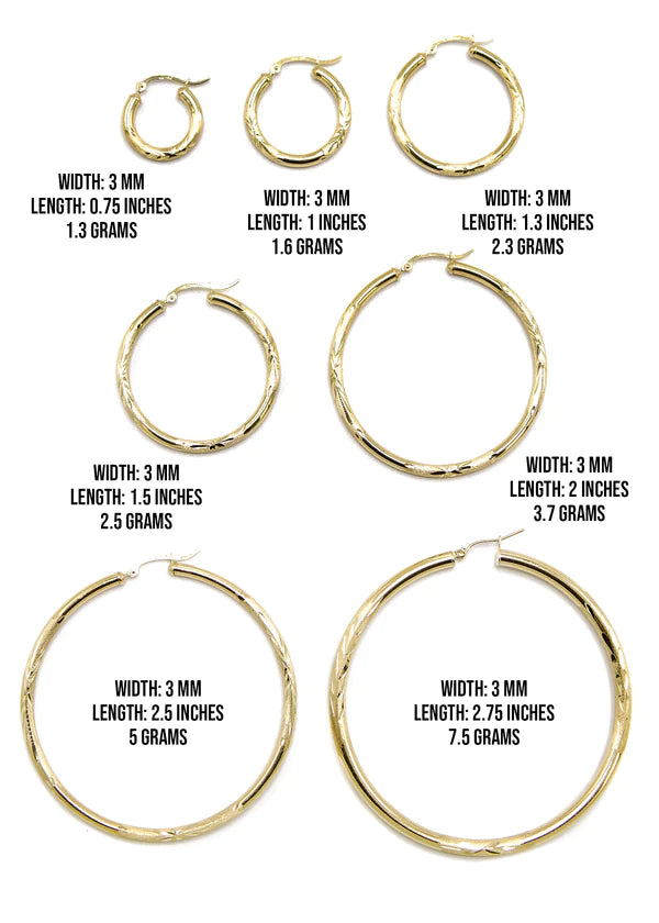 10K Womens Gold Hoop Earrings | Customizable Size | 3MM