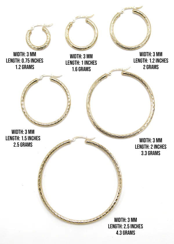 10K Womens Gold Hoop Earrings | Customizable Size | 3MM