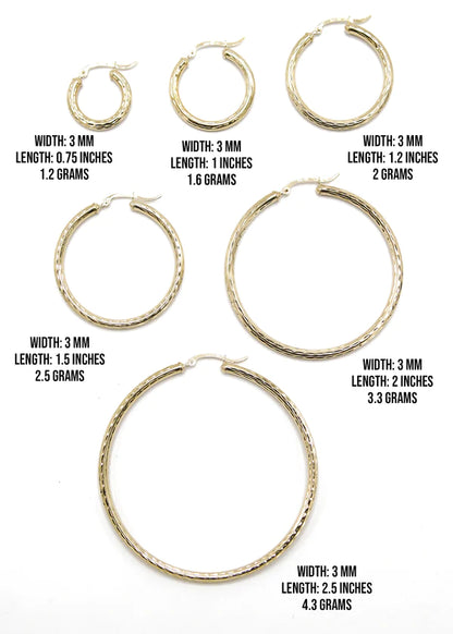 10K Womens Gold Hoop Earrings | Customizable Size | 3MM