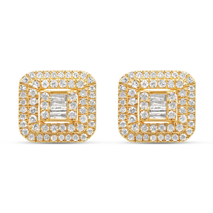 14K Yellow Gold | Round and Baguette Diamond Square Earrings | 1.7CTW | 10.3MM