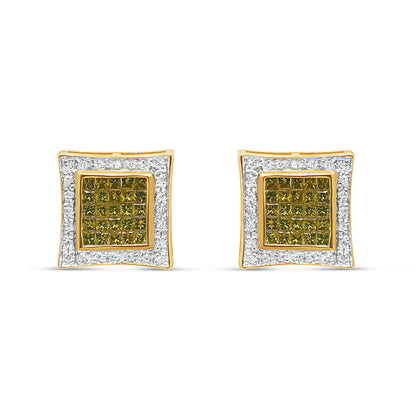 14K Yellow Gold | White and Green Diamonds Square Earrings | 0.76CTW | 14.24MM