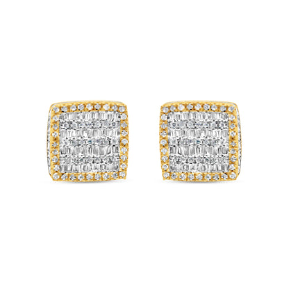 10k Gold Baguette Diamond 3-D Square Earrings 10mm 1.06CTW