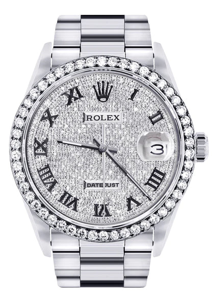 Diamond Rolex Datejust Watch 16200 for Men | 36MM | Full Diamond Roman Dial | Stainless Steel | Oyster Band