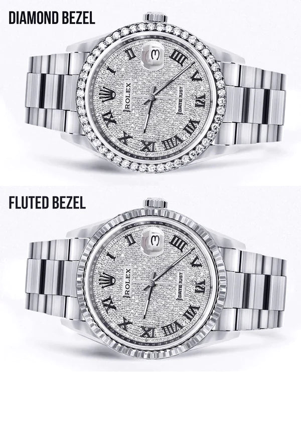 Diamond Rolex Datejust Watch 16200 for Men | 36MM | Full Diamond Roman Dial | Stainless Steel | Oyster Band