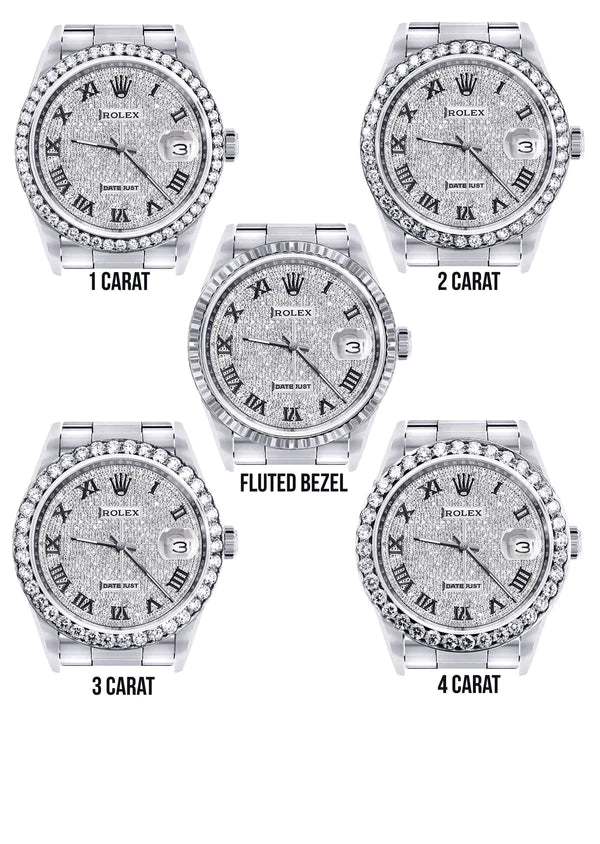 Diamond Rolex Datejust Watch 16200 for Men | 36MM | Full Diamond Roman Dial | Stainless Steel | Oyster Band