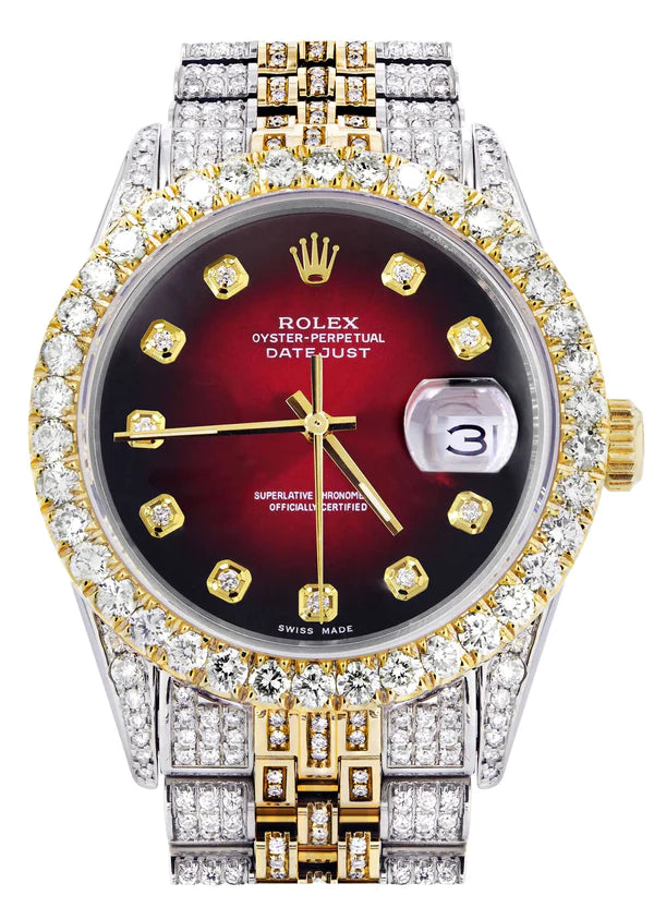 Iced Out Rolex Datejust 36MM Red Black Diamond Dial Two Tone Diamond Jubilee Band