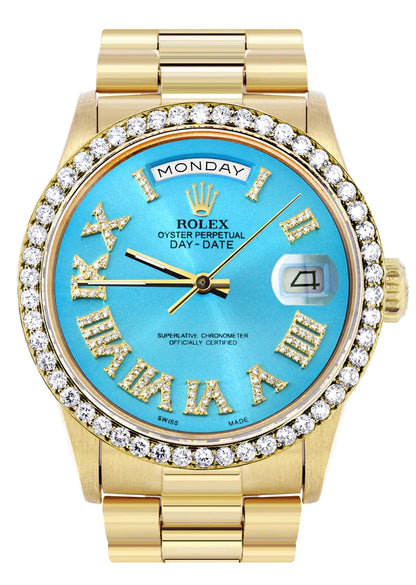 Rolex Day-Date Presidential | Model 18238 | 18K Yellow Gold | 36MM | Diamond Bezel | Light Blue Roman Diamond Dial