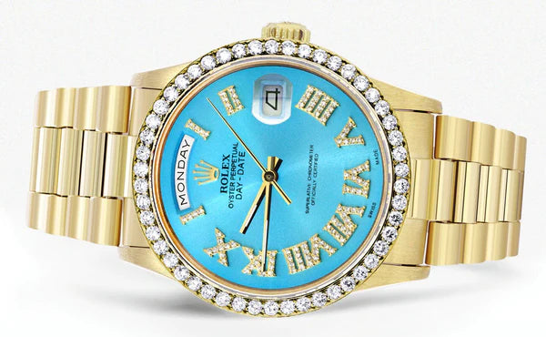Rolex Day-Date Presidential | Model 18238 | 18K Yellow Gold | 36MM | Diamond Bezel | Light Blue Roman Diamond Dial