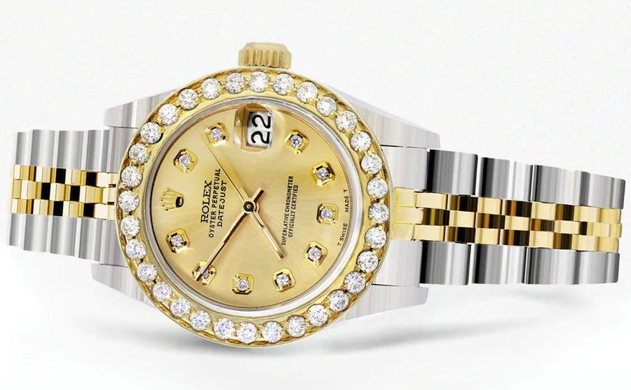 Diamond Rolex Datejust Watch for Women  | 1 Carat Bezel | 26MM | Gold Dial | Jubilee Band