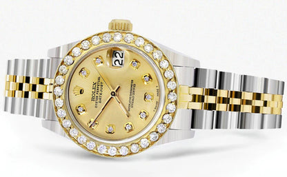 Diamond Rolex Datejust Watch for Women  | 1 Carat Bezel | 26MM | Gold Dial | Jubilee Band
