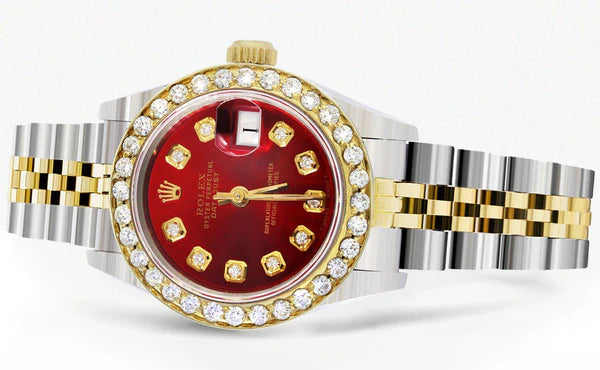 Diamond Rolex Datejust Gold Watch for Women | 1 Carat Bezel | 26MM | Red Pearl Diamond Dial | Jubilee Band