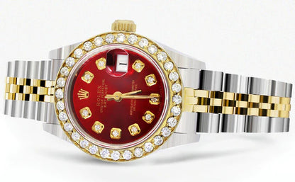 Diamond Rolex Datejust Gold Watch for Women | 1 Carat Bezel | 26MM | Red Pearl Diamond Dial | Jubilee Band