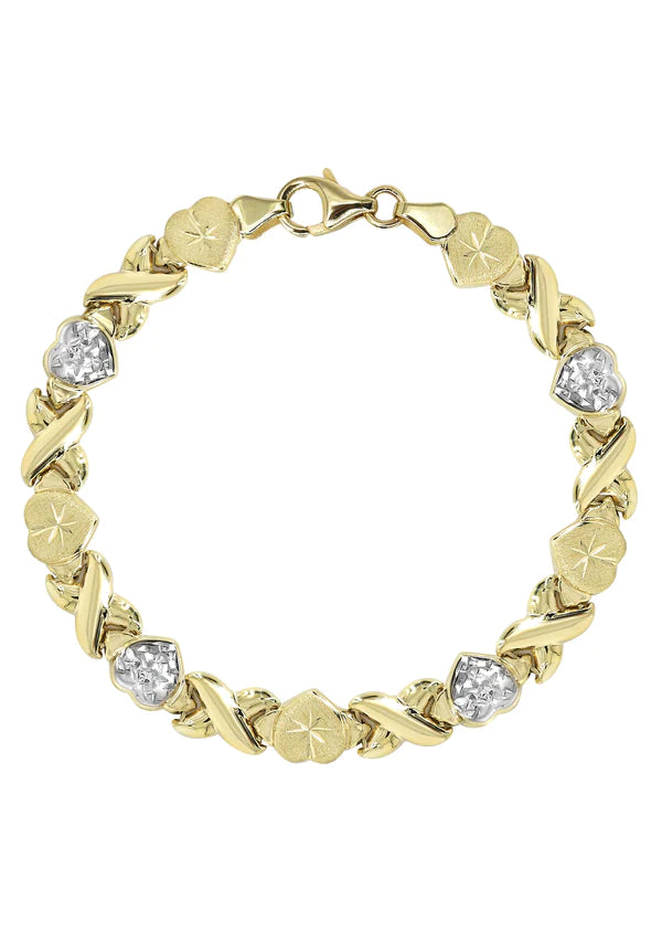 YELLOW GOLD "XO HEART" DIAMOND CUT TWO TONE NECKLACE & BRACELET SET FOR WOMEN | APPX 17.3 GRAMS