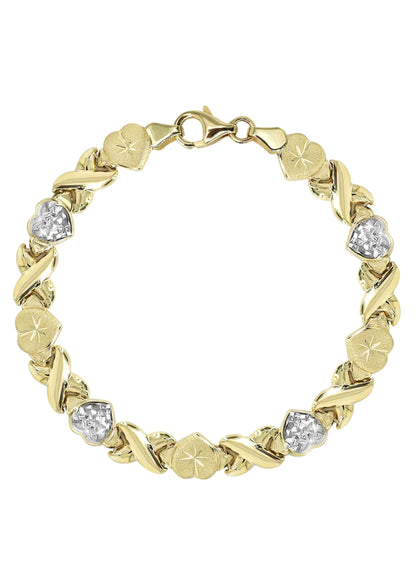 YELLOW GOLD "XO HEART" DIAMOND CUT TWO TONE NECKLACE & BRACELET SET FOR WOMEN | APPX 17.3 GRAMS