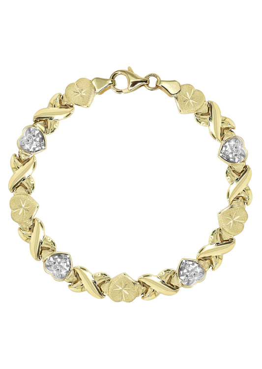 YELLOW GOLD "XO HEART" DIAMOND CUT TWO TONE BRACELET FOR WOMEN 10K/14K