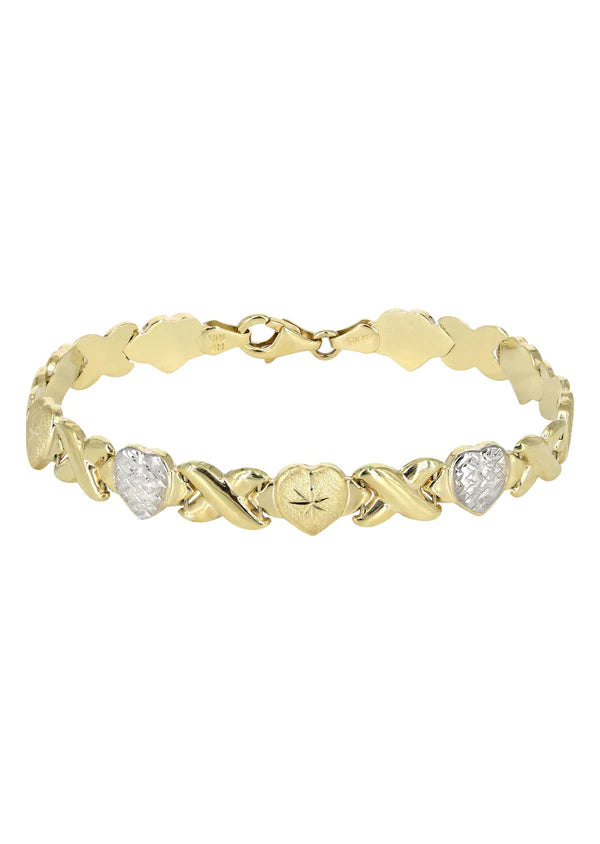 YELLOW GOLD "XO HEART" DIAMOND CUT TWO TONE NECKLACE & BRACELET SET FOR WOMEN | APPX 17.3 GRAMS