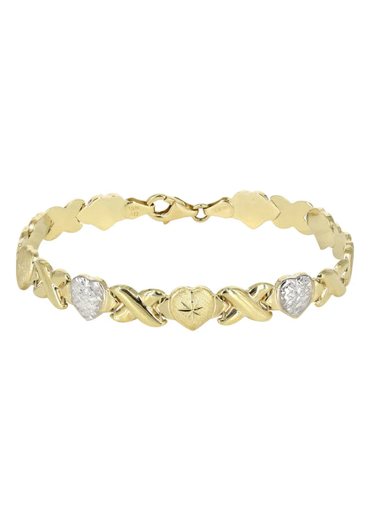 YELLOW GOLD "XO HEART" DIAMOND CUT TWO TONE NECKLACE & BRACELET SET FOR WOMEN | APPX 17.3 GRAMS