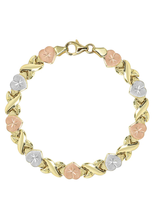 YELLOW GOLD "XO HEART" TRI-COLOR BRACELET FOR WOMEN 10K/14K