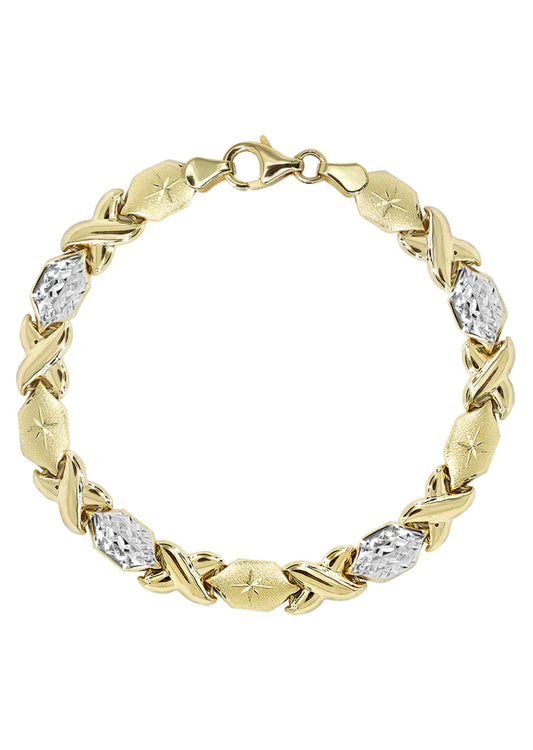 YELLOW GOLD "XO" DIAMOND CUT TWO TONE BRACELET FOR WOMEN 10K/14K