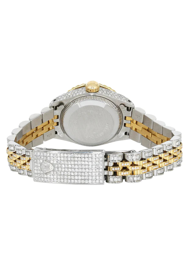 Full Diamond Bust Down Rolex Datejust Watch for Women | 1 Carat Bezel | 26MM | White Dial | Jubilee Band