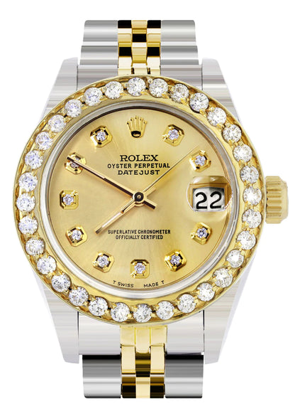 Diamond Rolex Datejust Watch for Women  | 1 Carat Bezel | 26MM | Gold Dial | Jubilee Band