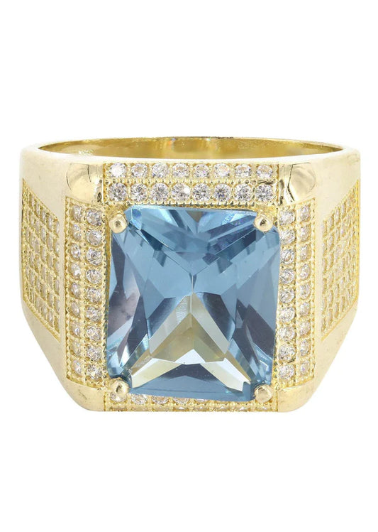 Mens Aqua Marine Ring | 10K Solid Yellow Gold