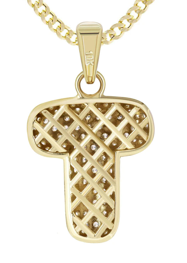 10K Yellow Gold Bubble Letter "T" CZ Necklace | Appx. 4 Grams