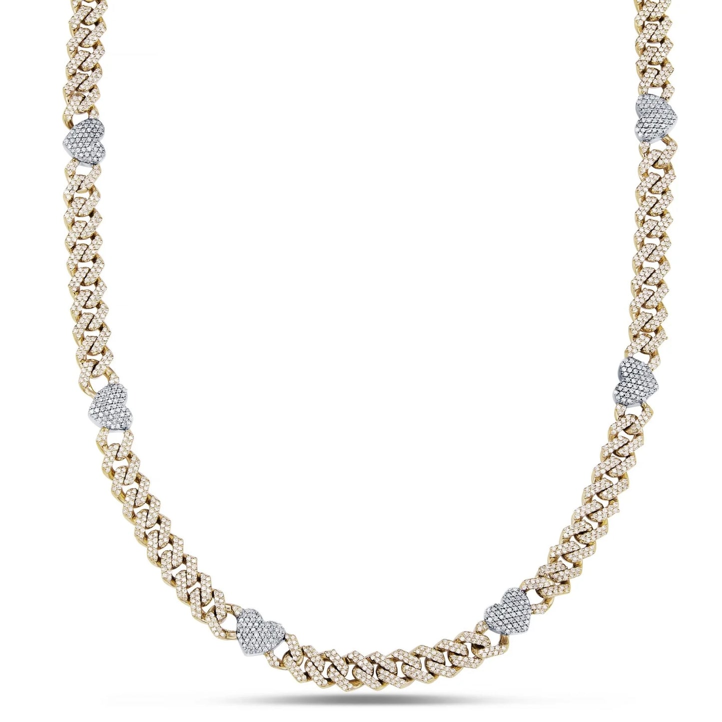 Diamond Cuban Chain with Heart Motif | 14K GOLD 4.21CTW | 4MM | 3 Color Options Available | Two Tone Available